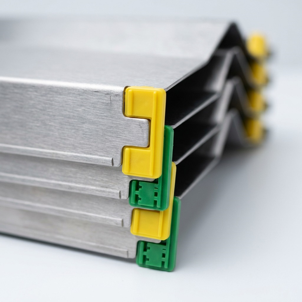 Macro close-up of a Rakabot shelf, showcasing brushed stainless steel texture, yellow cap, and green tab details.