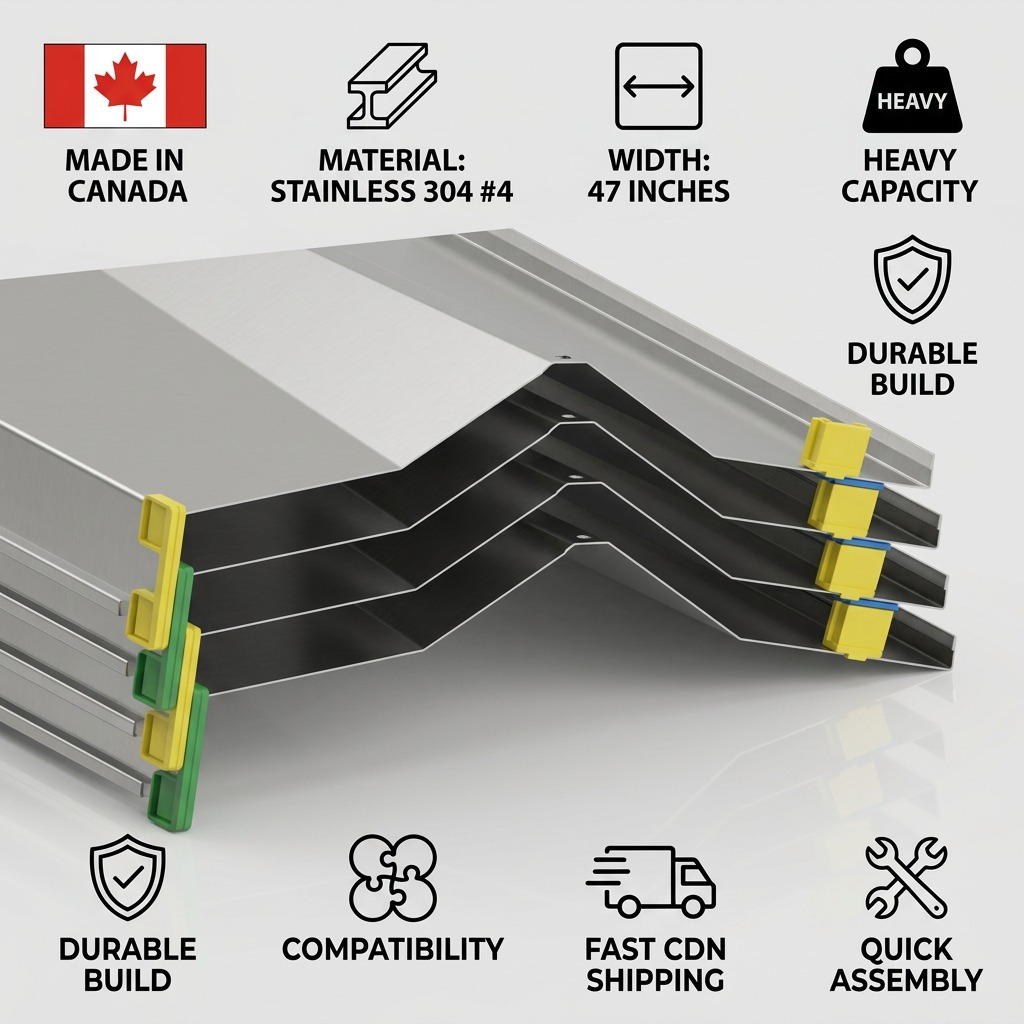 A trust infographic for Rakabot Titan stainless steel shelves focusing on materials and Canadian shipping.