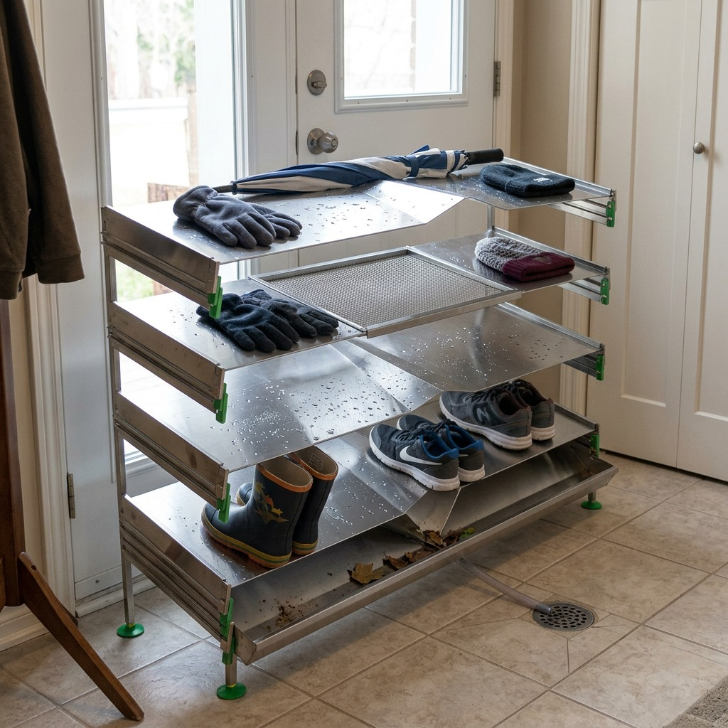 A stacked RAKABOT stainless steel drying rack holding shoes, gloves, and hats in a home entryway.