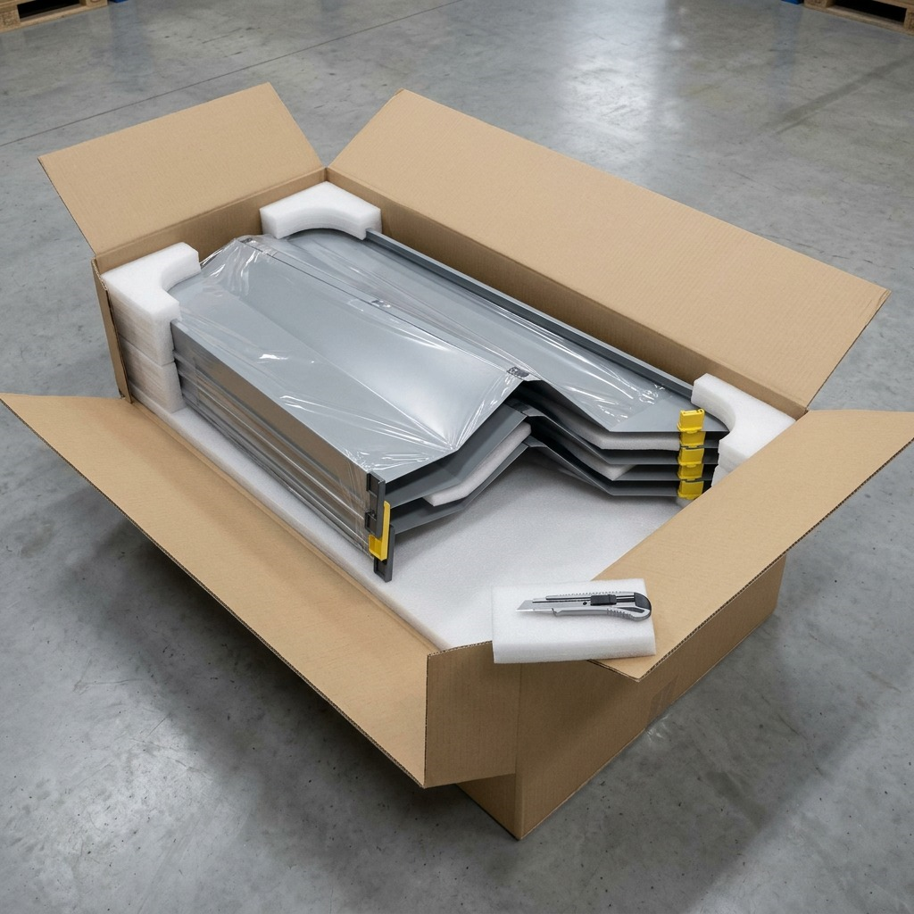 An unfolded cardboard carton revealing three gray RAKABOT TITAN-3SHELF-47GREY shelves, packed with foam and plastic.