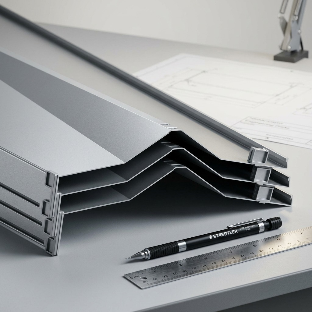 An eye-level product shot on an engineering desk displays a 3x stack of the grey 47-inch Rakabot Titan shelves, with a standard architectural pencil and ruler resting nearby, precisely matching the shape, materials, and color seen in the canonical image.