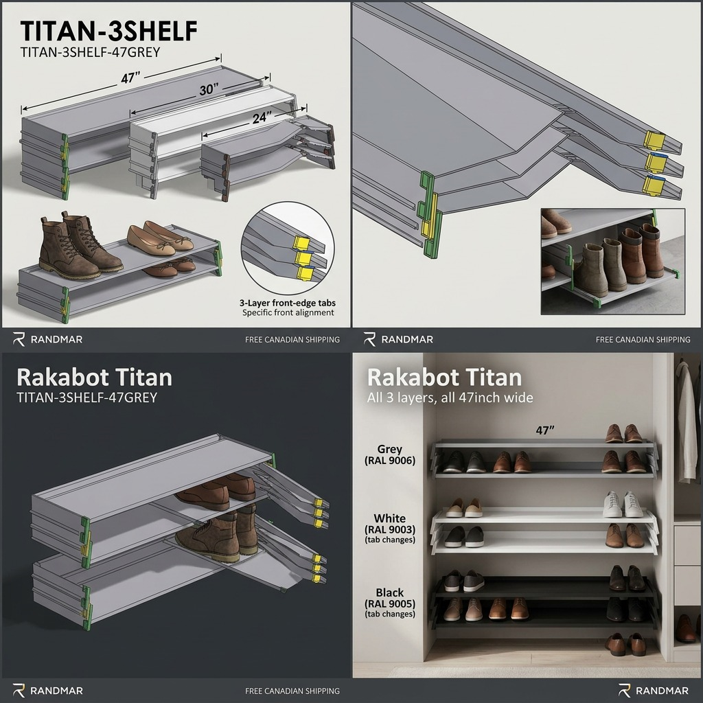 A visual comparison matrix of the Titan 3-shelf system, showing its available colors: White, Black, Grey, and Blue, for a quick reference.