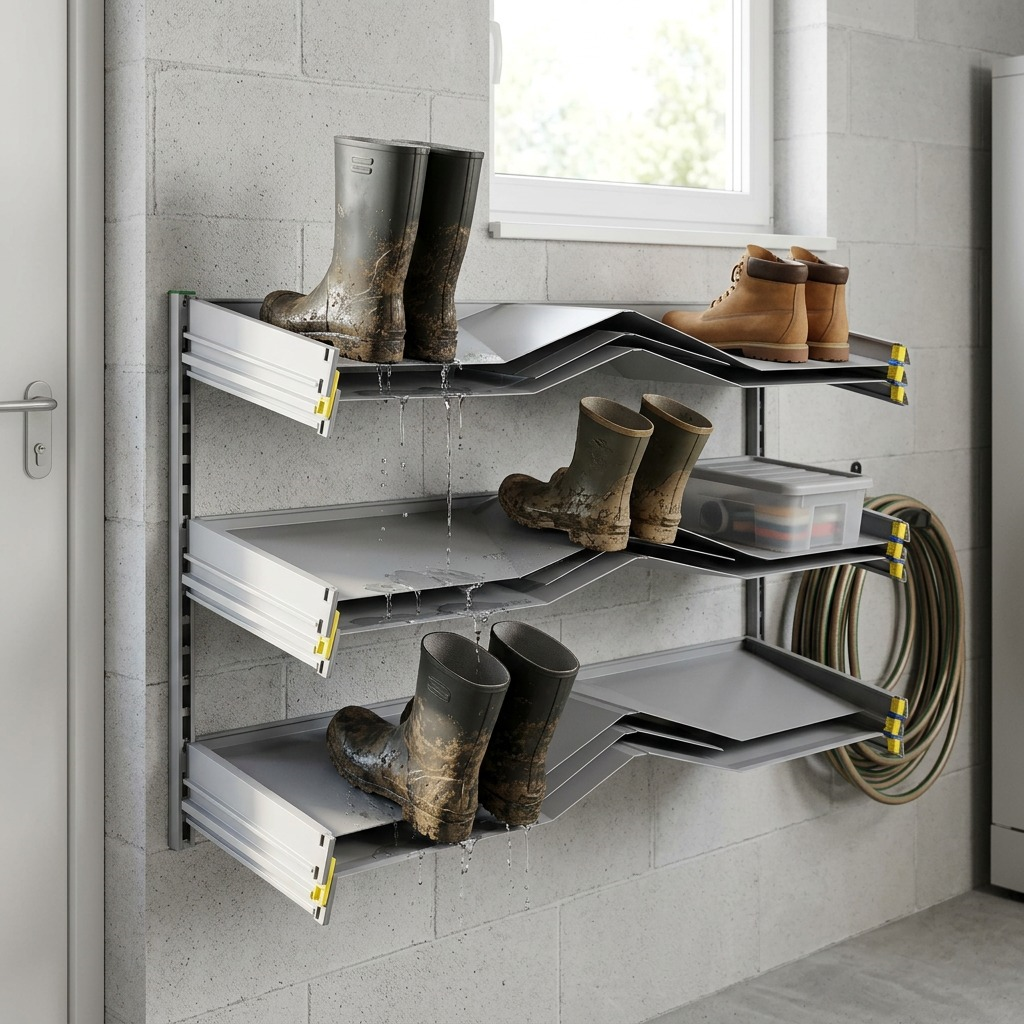 A lifestyle photograph of three metallic grey wall-mounted shelves holding boots in a neat workspace.