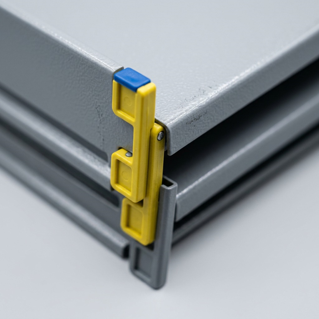Extreme macro of the Rakabot Titan's yellow latching mechanism and grey RAL9006 textured powder coating.