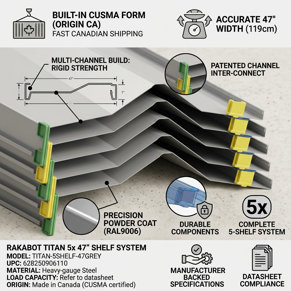 A confidence infographic for the Rakabot Titan 5-Shelf unit in RAL9006 Grey, detailing specifications and shipping features.