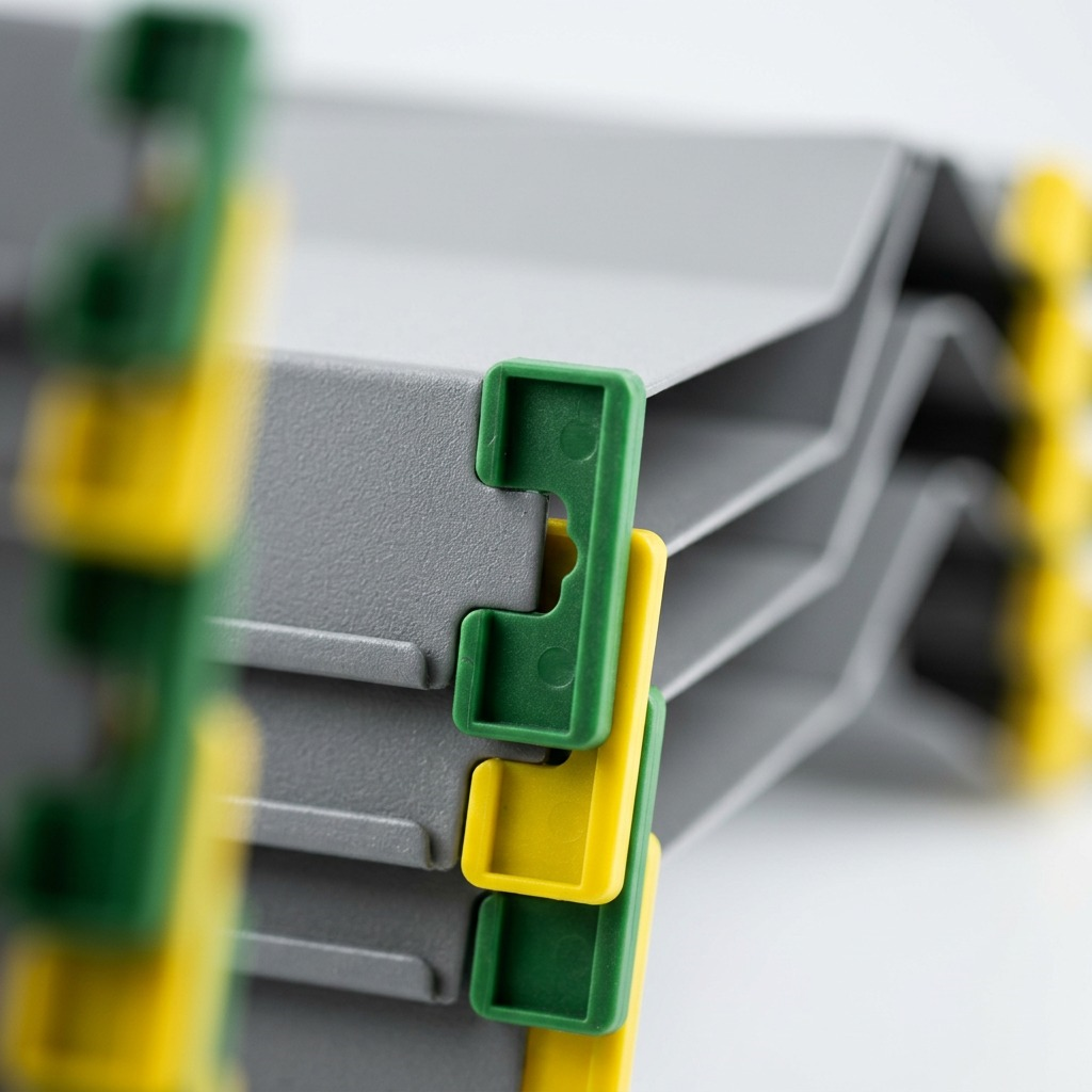 Extreme close-up of a Rakabot shelf section, focused on a precisely formed metal profile corner with a green and a yellow connector, showing clean GREY RAL9006 powder coat finish and exact manufacturing detail.