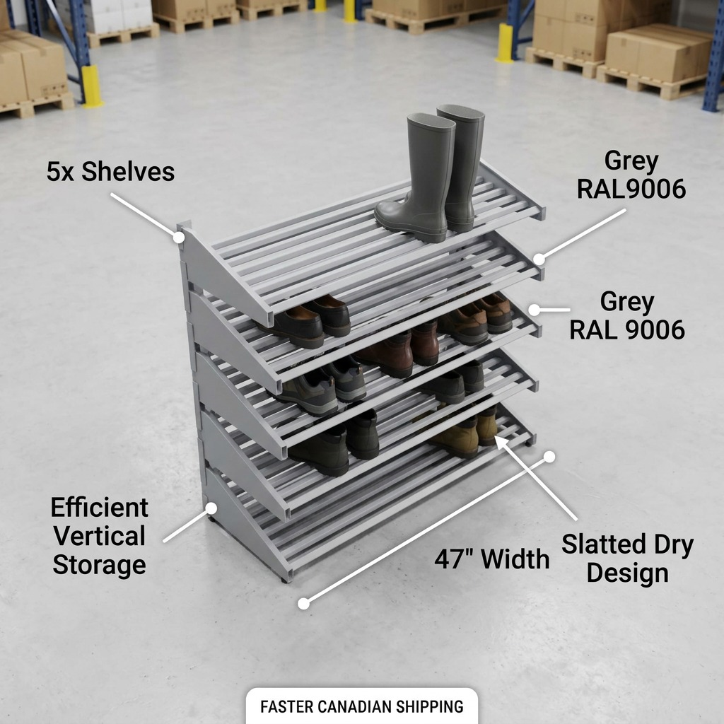 Polished ecommerce feature graphic of the grey RAKABOT Titan 5x footwear rack in a warehouse.