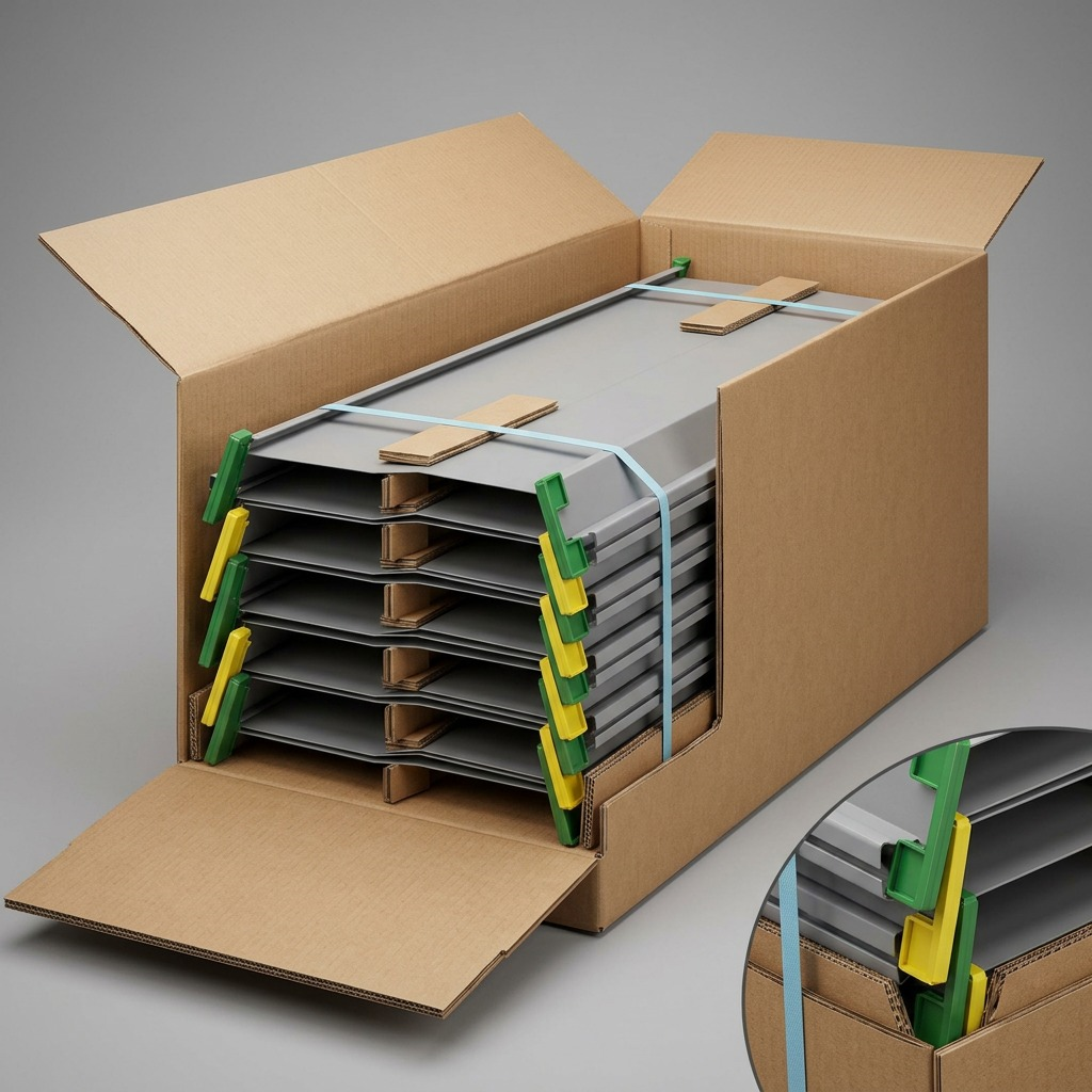 Premium, realistic unboxing scene showing the protectively wrapped gray shelves.