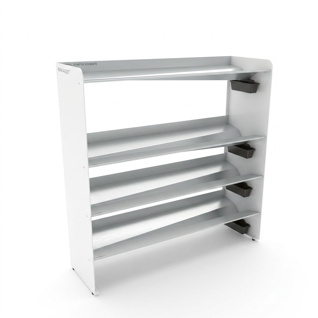 Pure white PDP hero image of the RAKABOT TIT447 and the original Rakabot and TIT447 logo and model number and model number are printed on the top white frame and visible on the front of the top white frame panel. It has no packaging or text on the product image with a clean shadow. High resolution hero image of the Rakabot TIT ---/TIT447/SILVER/WHITE/Rakabot/TIT447/SILVER/WHITE/Rakabot is centered in the images with no packaging or additional text.
