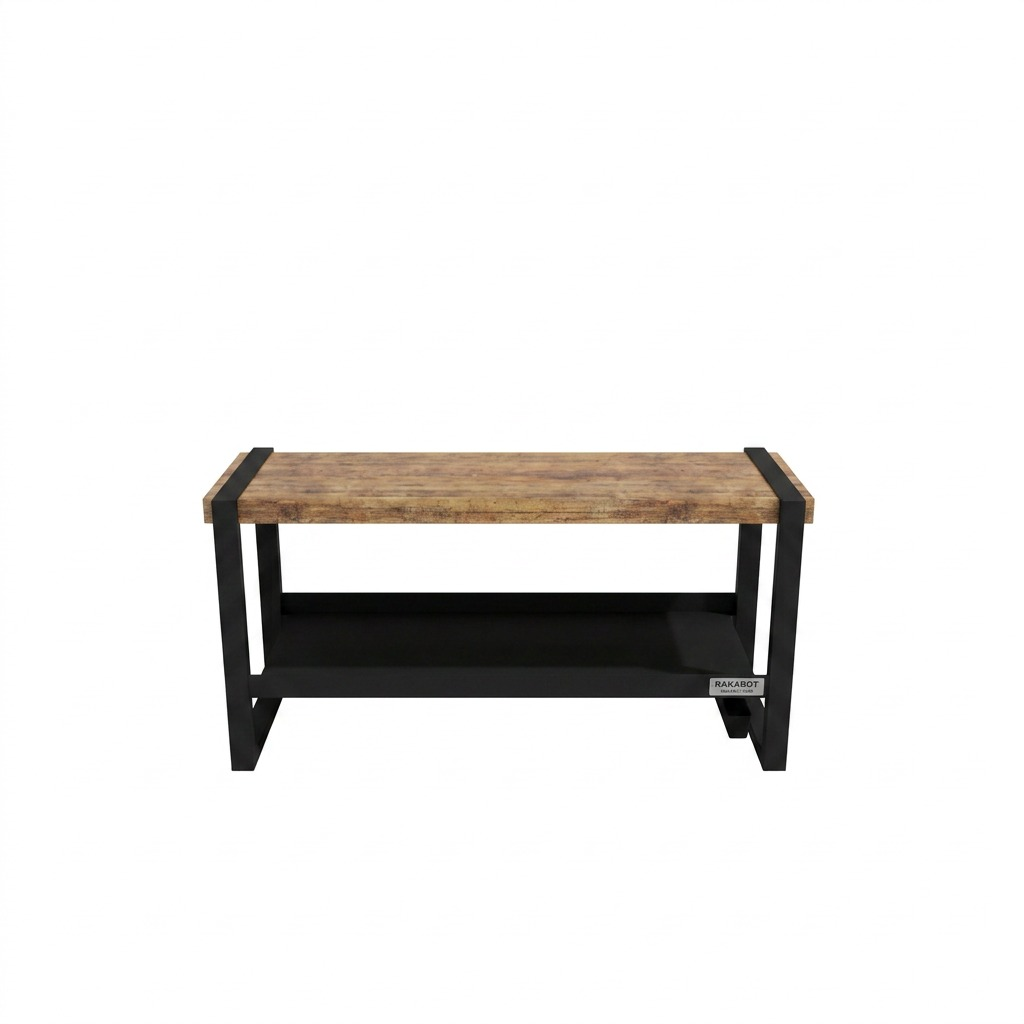 A full shot of a robust Rakabot Moderno 43-inch wide shoe bench in whisky wood stain and black metal finish, centered on a clean white background.