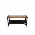 A full shot of a robust Rakabot Moderno 43-inch wide shoe bench in whisky wood stain and black metal finish, centered on a clean white background.