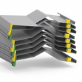 A stack of four grey Rakabot Titan 47-inch shelves with color-coded assembly clips on a clean white background.