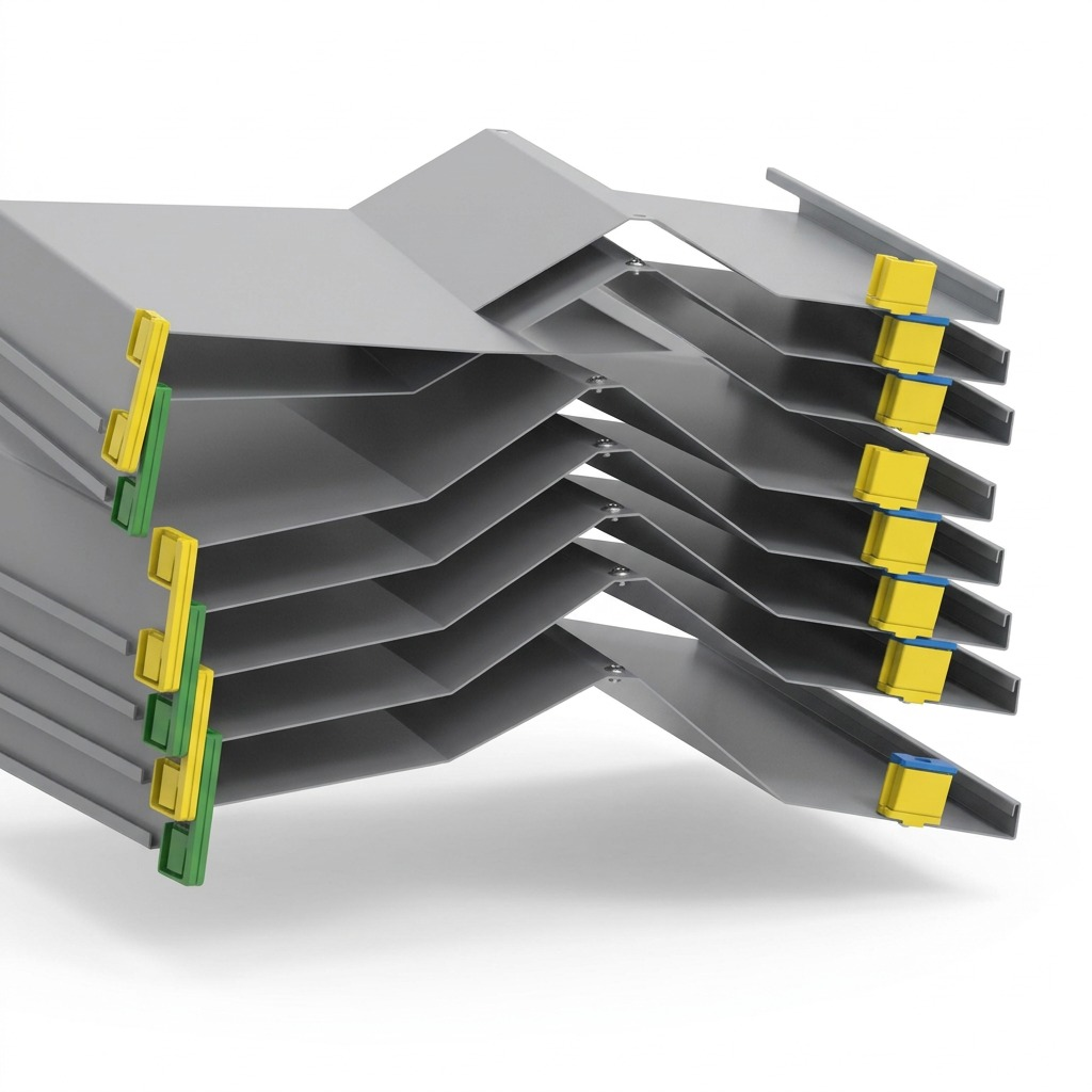A stack of four grey Rakabot Titan 47-inch shelves with color-coded assembly clips on a clean white background.