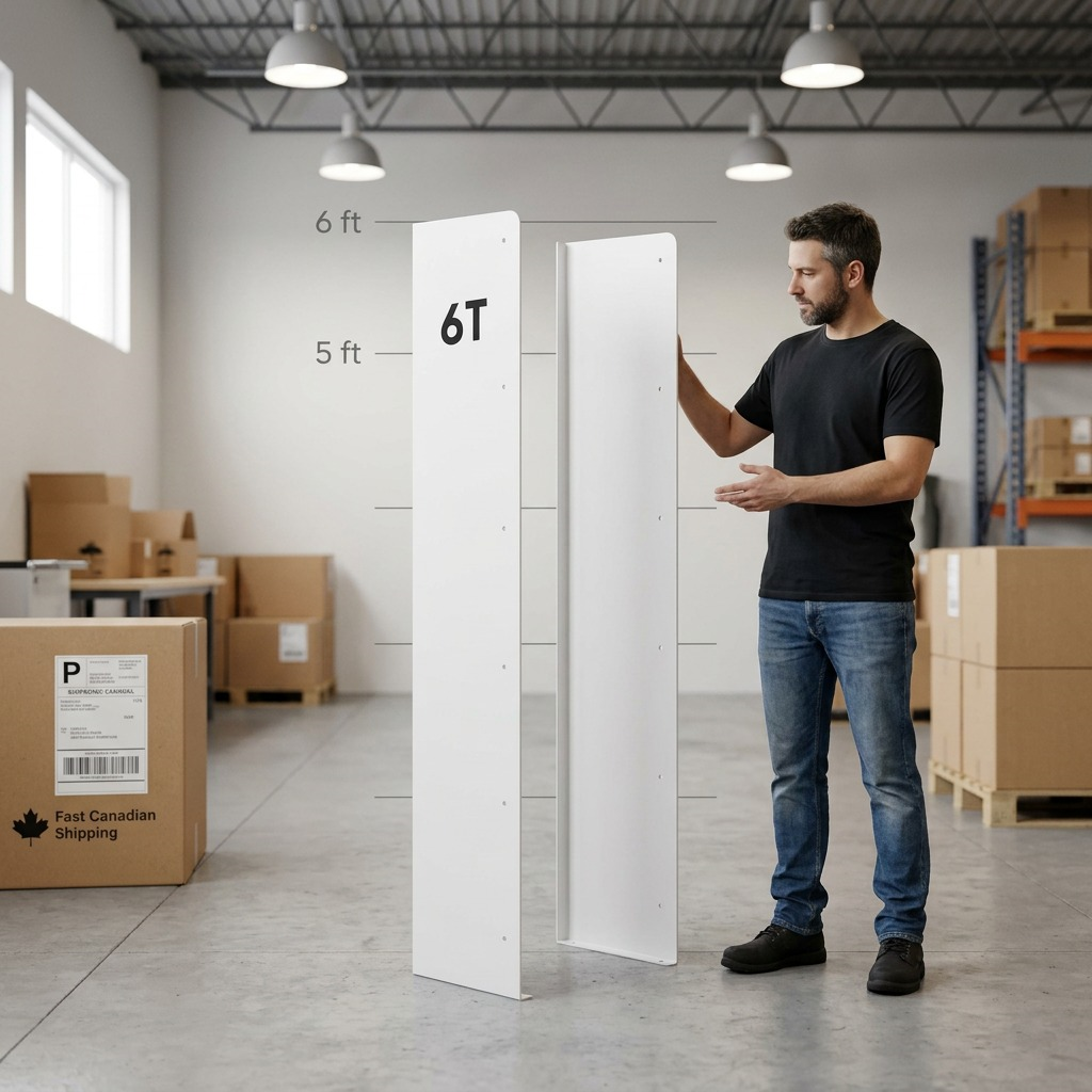 Two white powder-coated Rakabot Titan side panels are shown beside a 5'10" person, with visual scale markers.