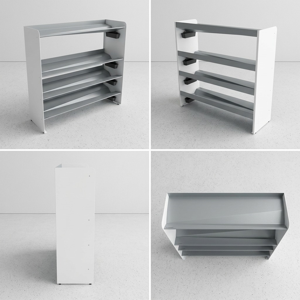 A clean grid display showing the Rakabot TIT447-SILVER-WHITE from four different angles: front-three-quarter, side-three-quarter, top-down, and a view into the lower shelf structure.