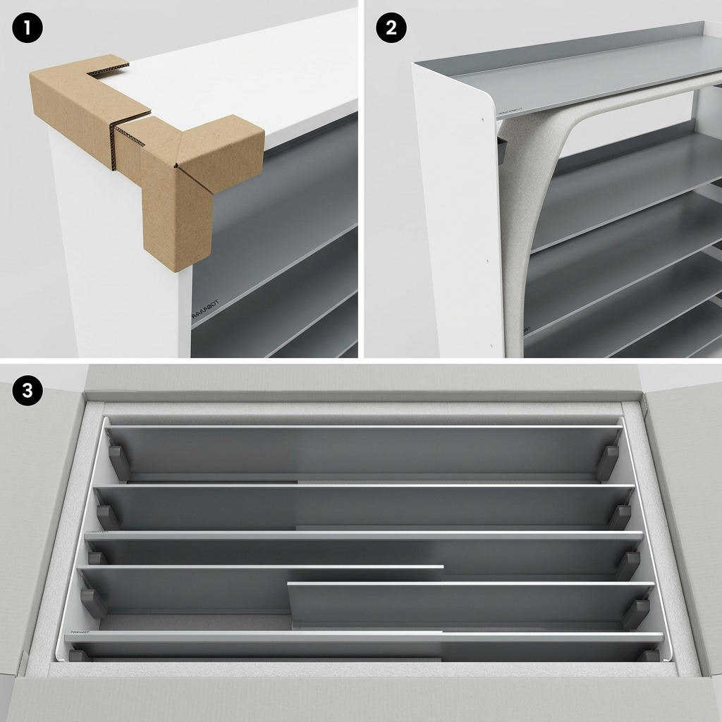 A pristine RAKABOT TIT447-SILVER-WHITE rack partially unpacked from nested shipping padding.