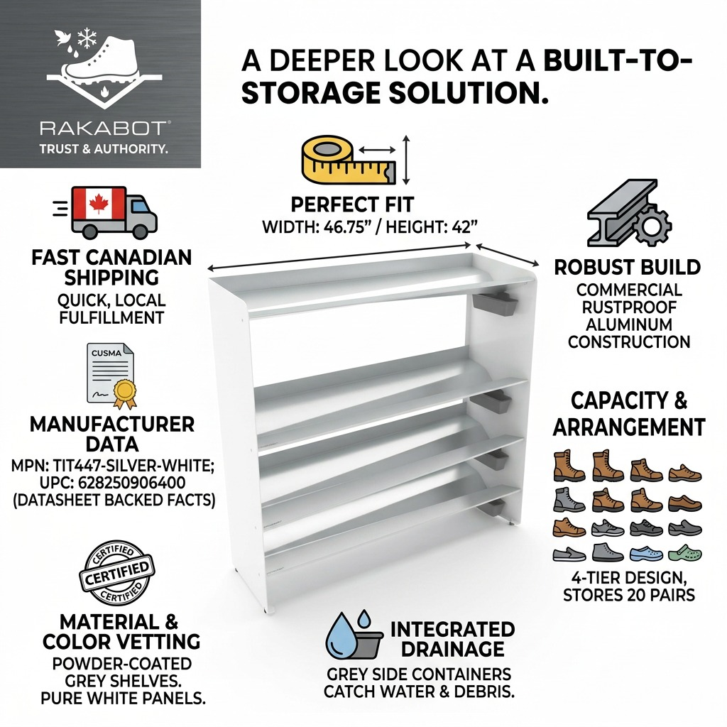 A trust and authority infographic featuring the RAKABOT Titan. The central product visual is the specific four-tier shelving unit with grey coated shelves and white panels. Six icon-based fact modules surround it, highlighting features like rustproof commercial construction, a 20-pair capacity, validated materials, and local, speedy Canadian shipping, all designed to build buyer confidence with factual and product-specific details.
