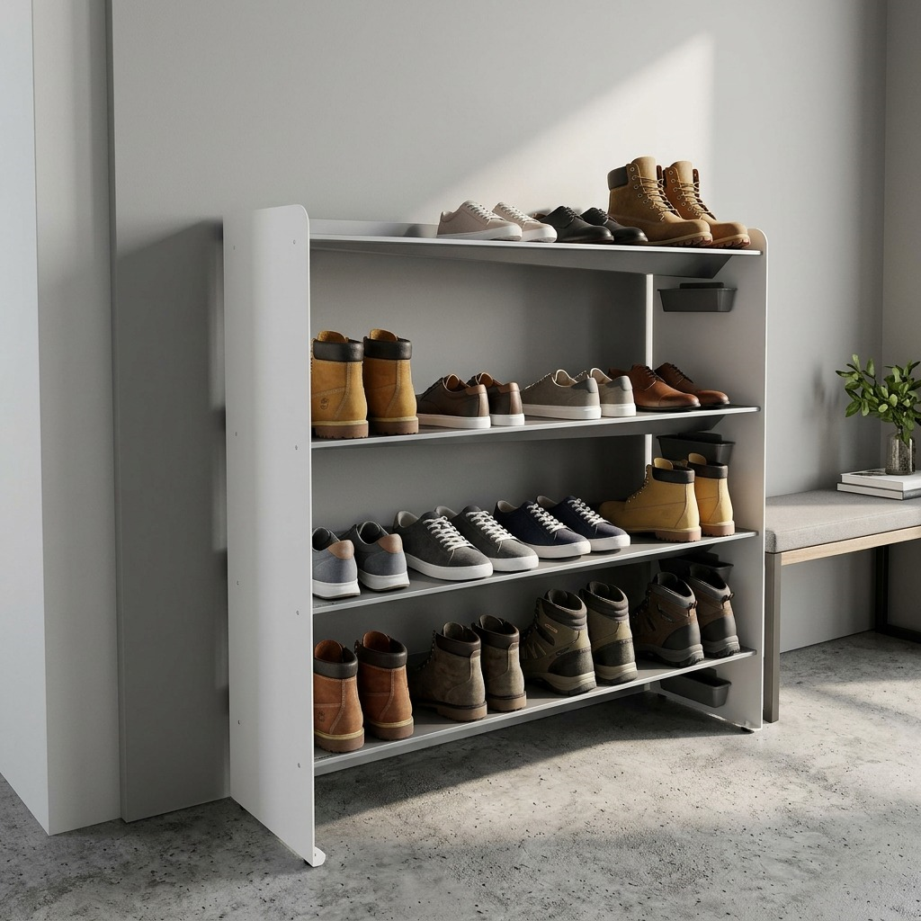 A lifestyle photo of the white RAKABOT Titan 4-tier shoe and boot rack with grey shelves, holding multiple pairs of shoes in an entry with a grey wall and sunlight.