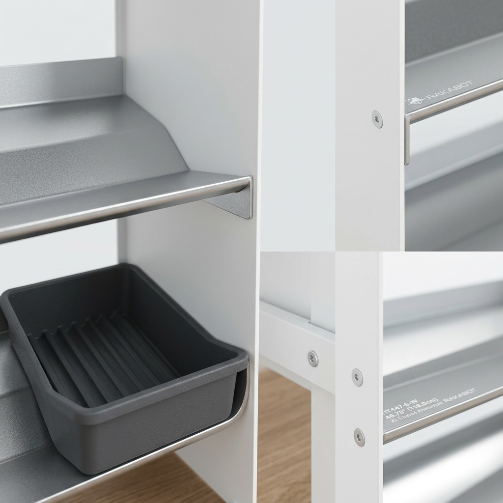 Macro photo detail of a RAKABOT TIT447 rack showing the junction of a white side panel and a curved, silver powder-coated aluminium shelf.