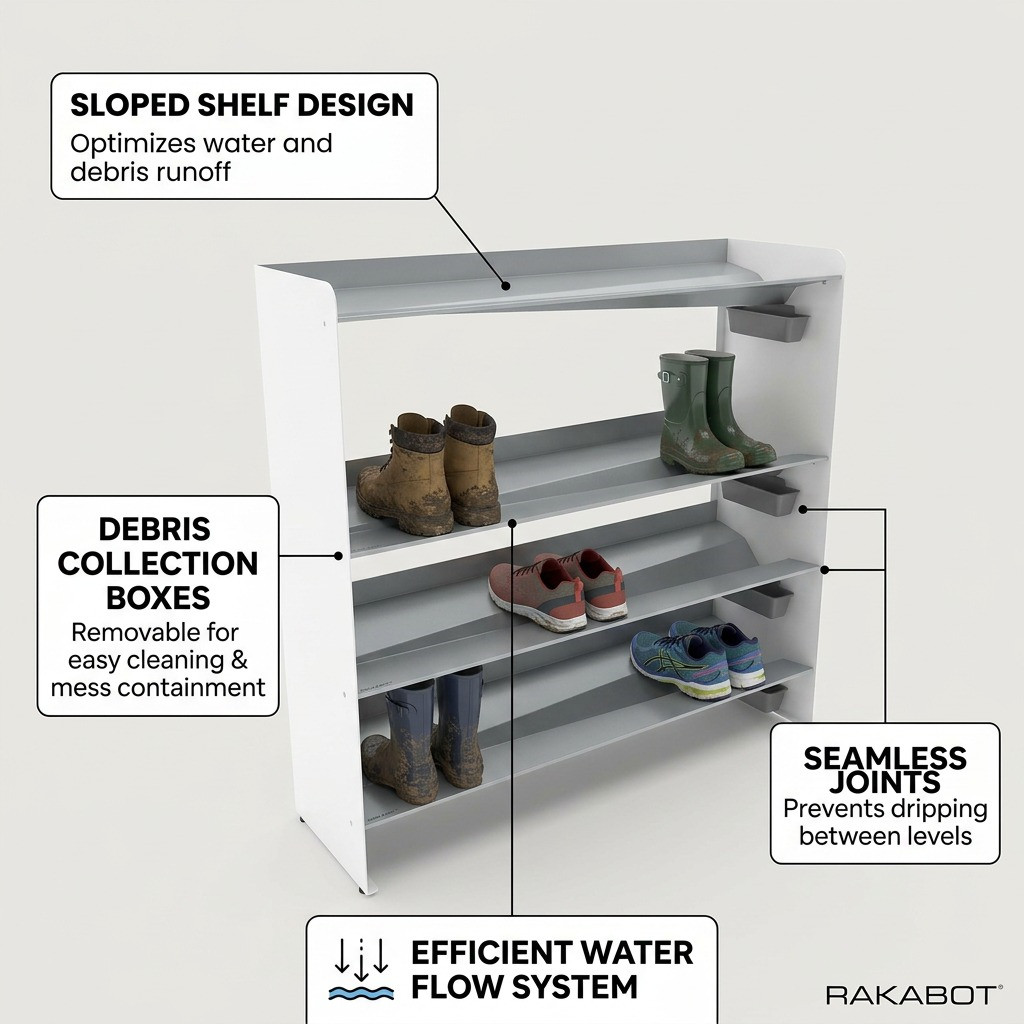 A detailed graphic showing operation features of the Rakabot 4-Tier Commercial Boot Rack per the canonical model.