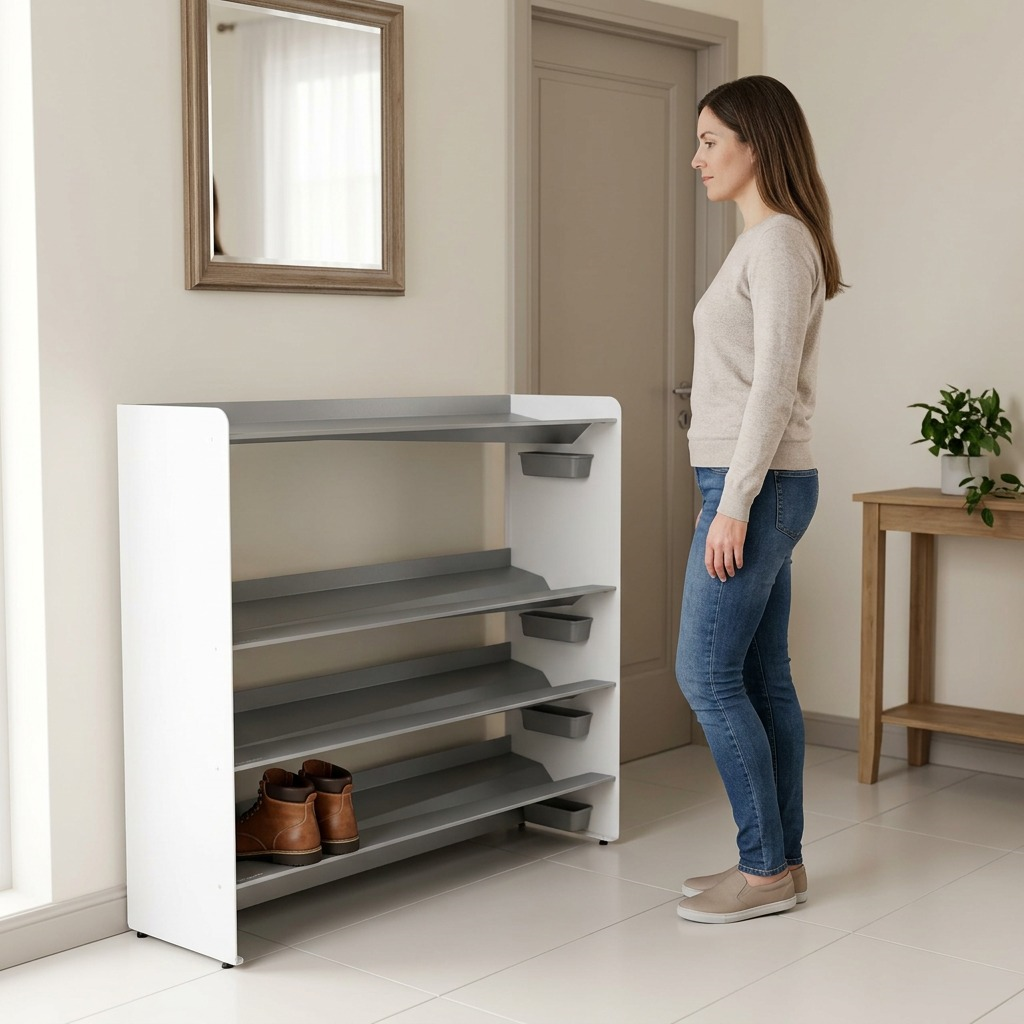 Rakabot Titan TIT447-SILVER-WHITE shoe rack standing in a realistic home entrance next to an adult woman.