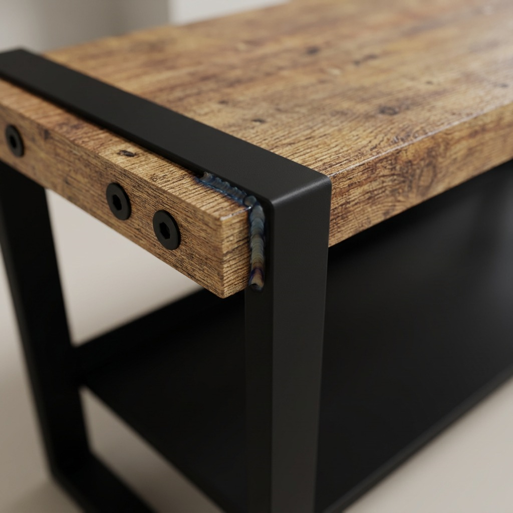 Close-up of industrial-weld joint and hex fasteners on a rustic wood and metal shoe bench.