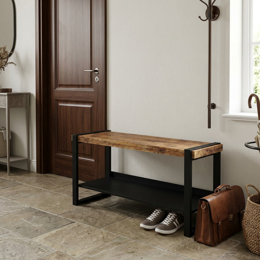A scale photo of the 43" industrial shoe bench next to a door frame with shoes and a satchel.