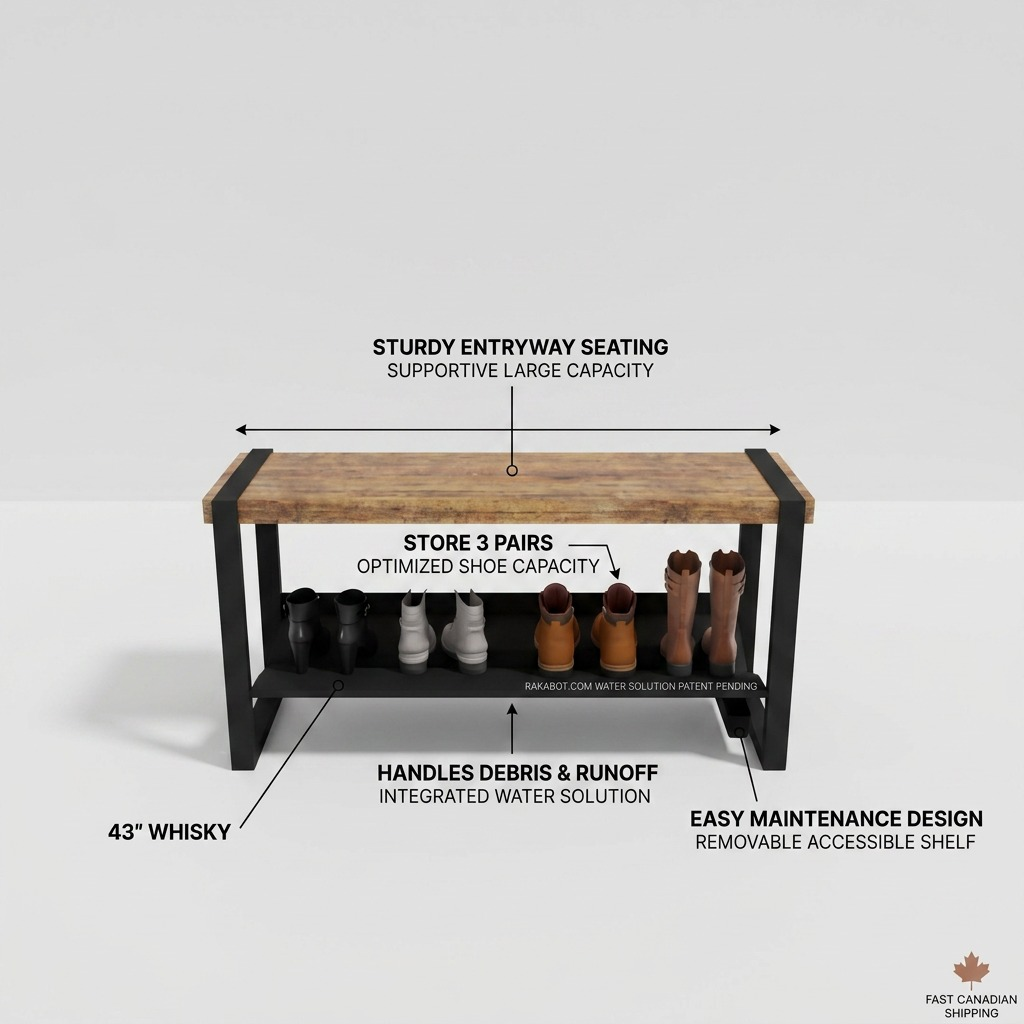 A feature graphic showing the Rakabot Moderno (43" WHISKY) with key operational and design benefit callouts.
