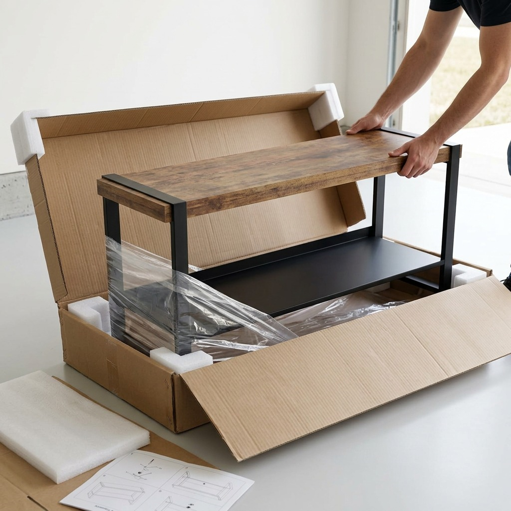 A sturdy entryway bench is carefully being unpacked from protective shipping materials.