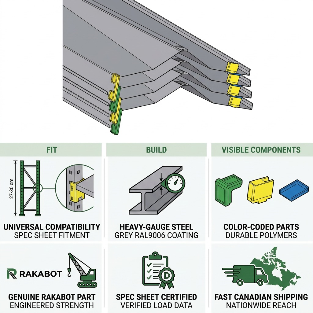 PDP visual matrix for the Rakabot Titan 4-shelf 47-inch unit (GREY RAL9006) highlighting build and reliability.