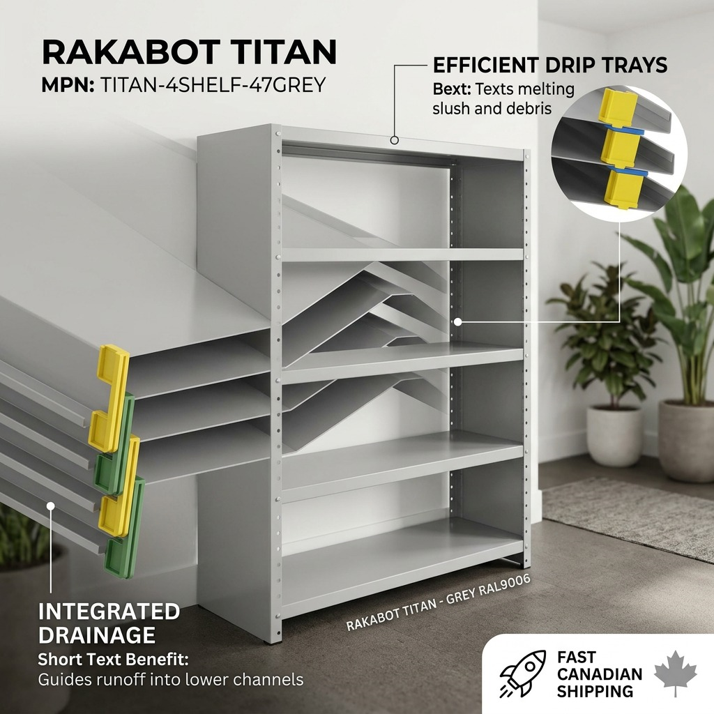 A four-level RAKABOT TITAN shelving unit visual callout, showing the "Efficient Drip Trays" (Yellow) and "Integrated Drainage" (Blue/Green) design on Grey RAL9006 shelves. The caption highlights "Titan: Integrated Drip Collection."