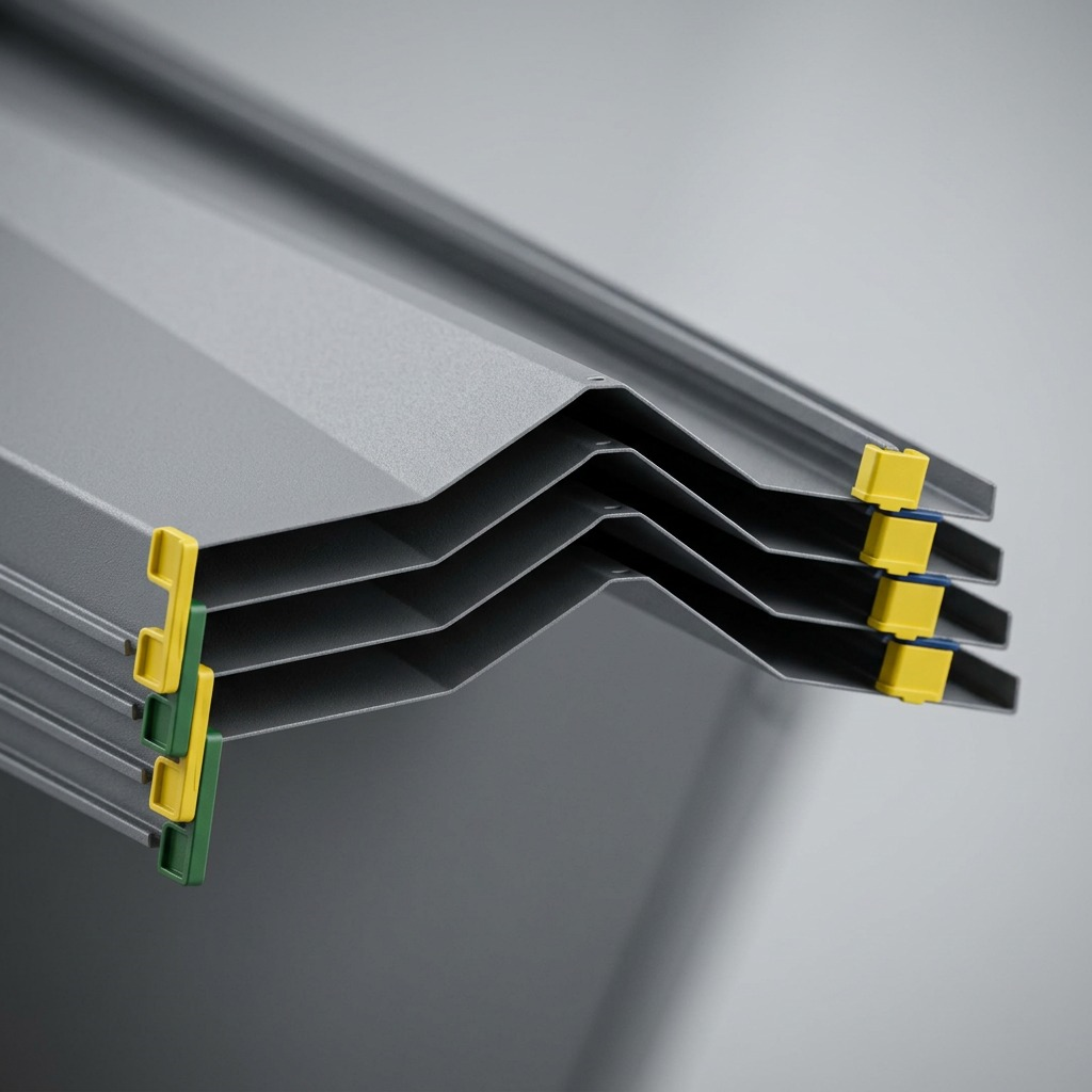 Extreme close-up of the interlocking connection points on grey RAL9006 Rakabot Titan shelves.