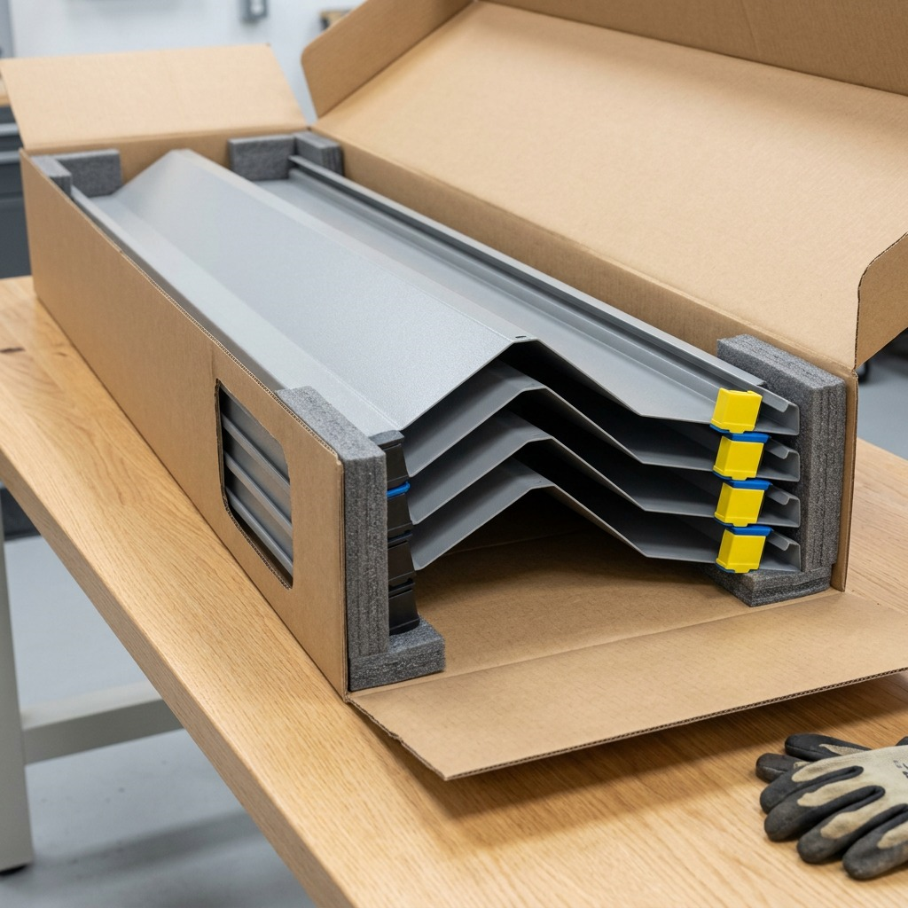 A real-world unboxing scene showing four nested Rakabot GREY RAL9006 Titan shelves in their protective cardboard box.