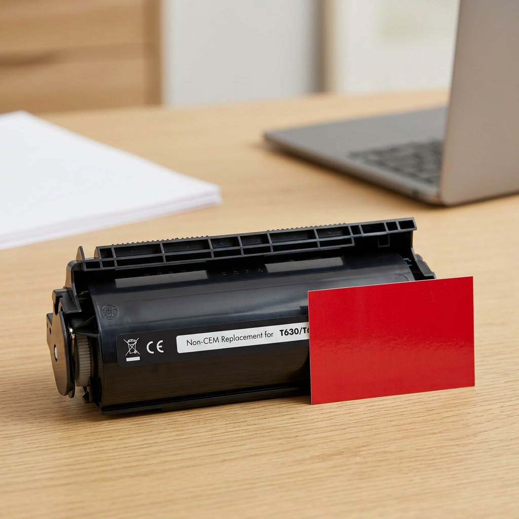 Scale comparison of the Static Control LCT630-21K toner cartridge next to a red business card on a desk.