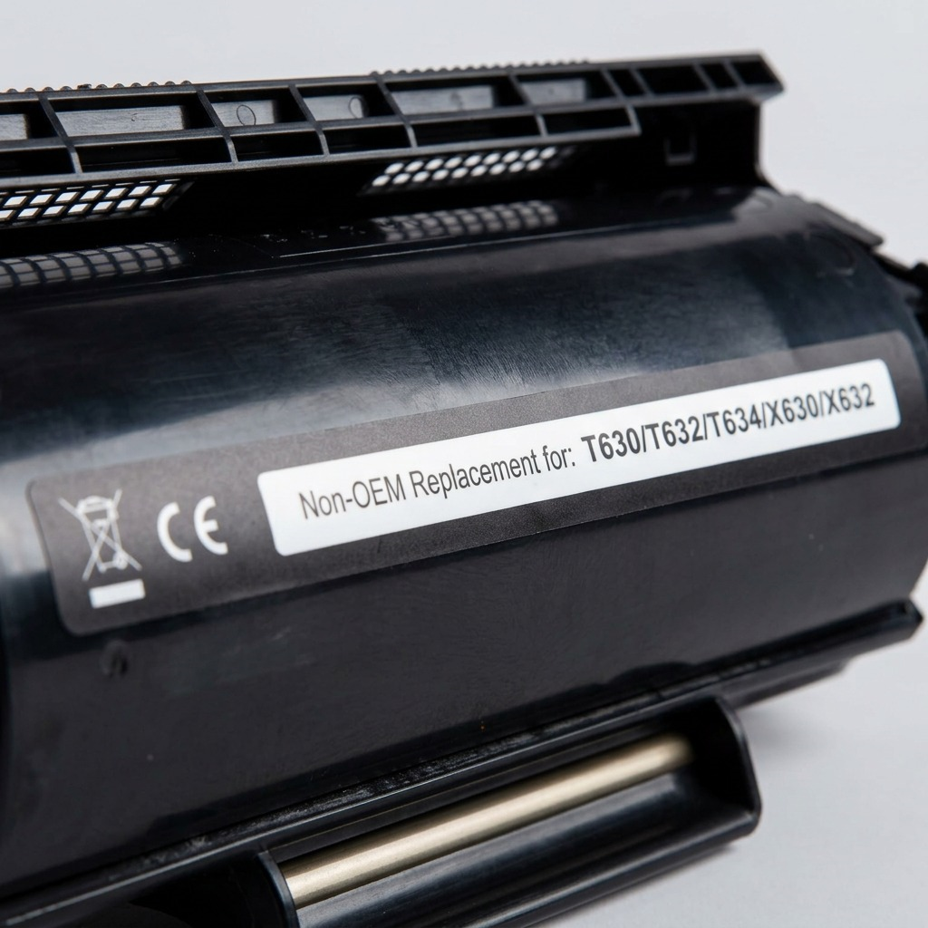 Macro close-up of a toner cartridge focusing on compatibility labels and textured plastic casing.