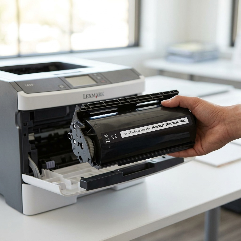 Lifestyle photo shows the Static Control LCT630-21K toner cartridge ready for installation in a Lexmark T630 printer.