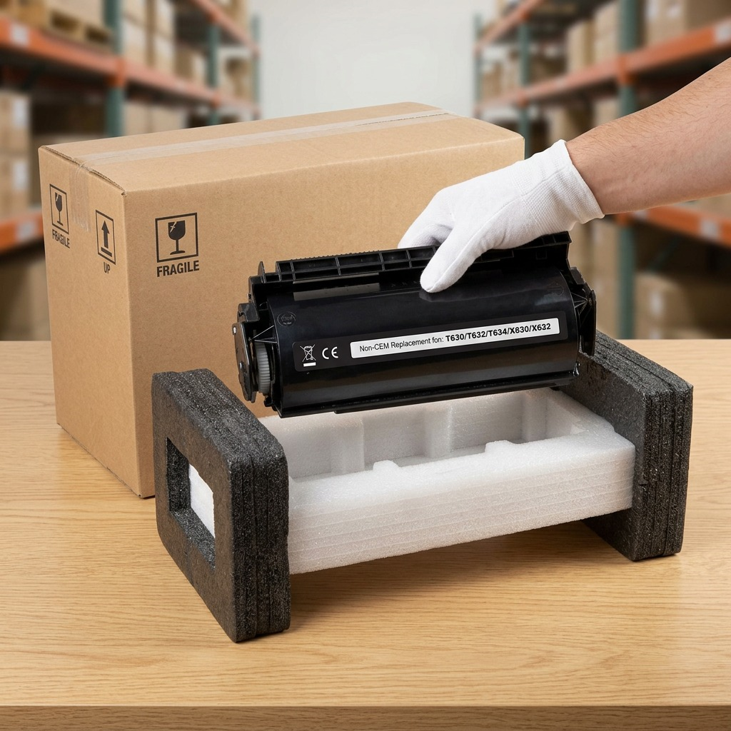 A hand in a glove unboxing the compatible T630 toner cartridge from protective foam.