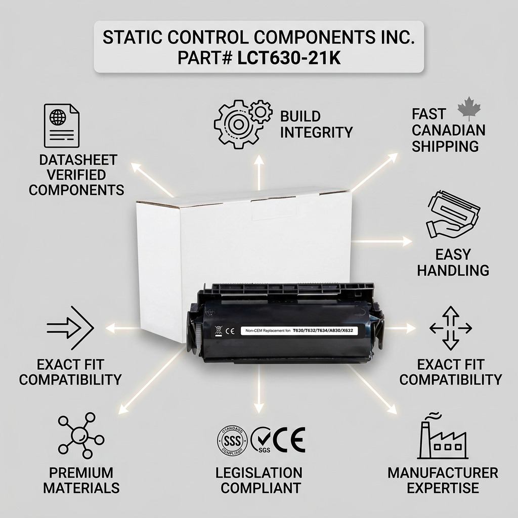 Infographic highlighting key features of LCT630-21K toner cartridge, including quality components and shipping.
