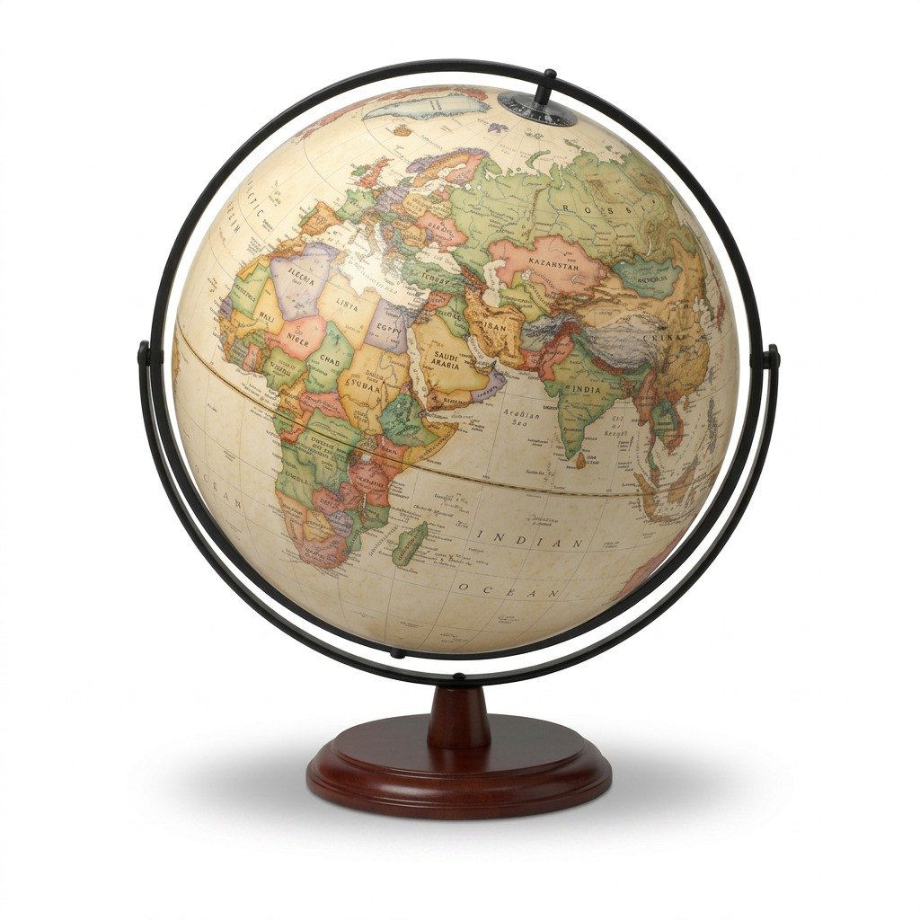 Pure, centered, high-resolution hero shot of the Replogle Freeport world globe with a vintage map, black metal meridian and stand assembly, and round cherry-wood finish base, on a clean white background.