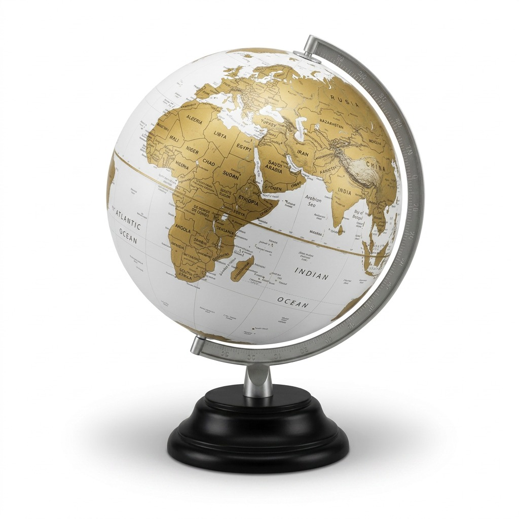 Replogle Milan White globe with gold continents on metal semi-meridian and black base on white background