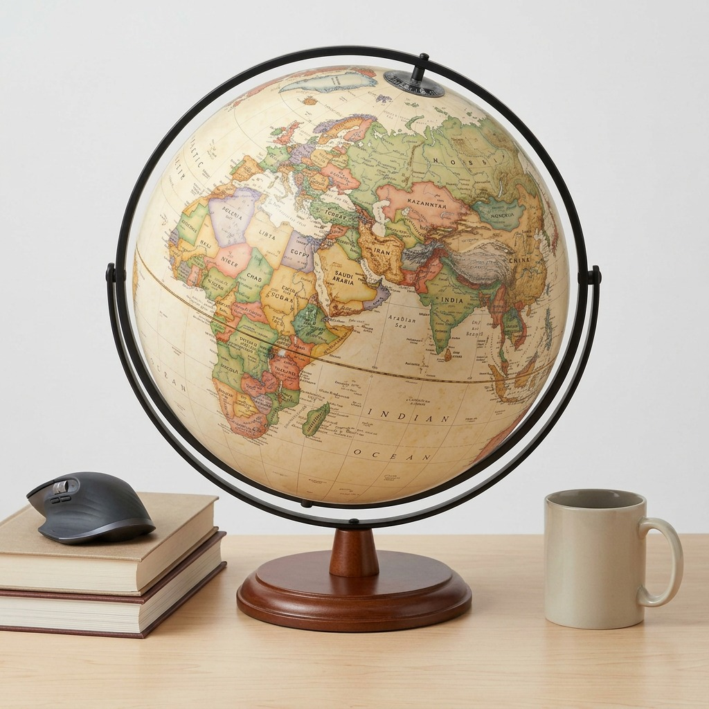 Replogle Freeport globe shown on a wooden desk alongside books, a computer mouse, and a coffee mug for scale.