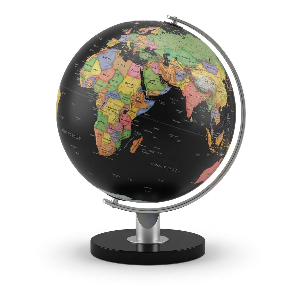 High-resolution hero shot of the 12-inch diameter Replogle Monaco world globe on a black disc base, featuring a black ocean surface, colorful political maps, silver stand and meridian, centered on a pure white background with clean edges.