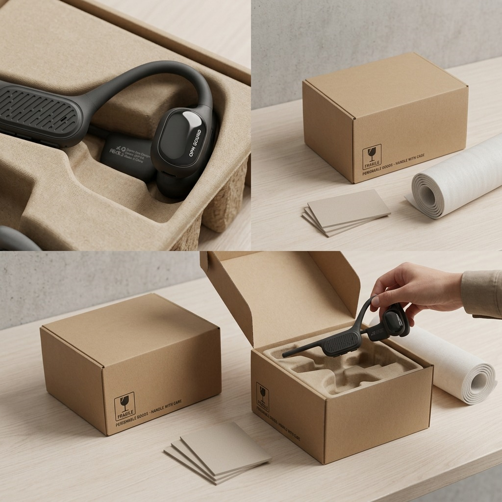 A photorealistic unboxing sequence shows the OPN Sound Swym+ in neutral protective shipping packaging.