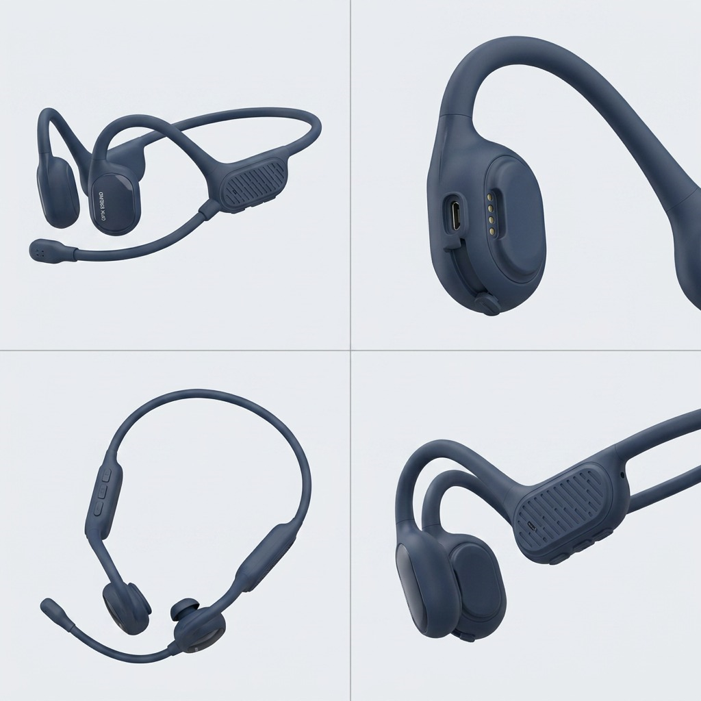 2x2 grid showing OPN Sound Swym+ Open Sound headphones from front, side, and component angles on a grey grid.