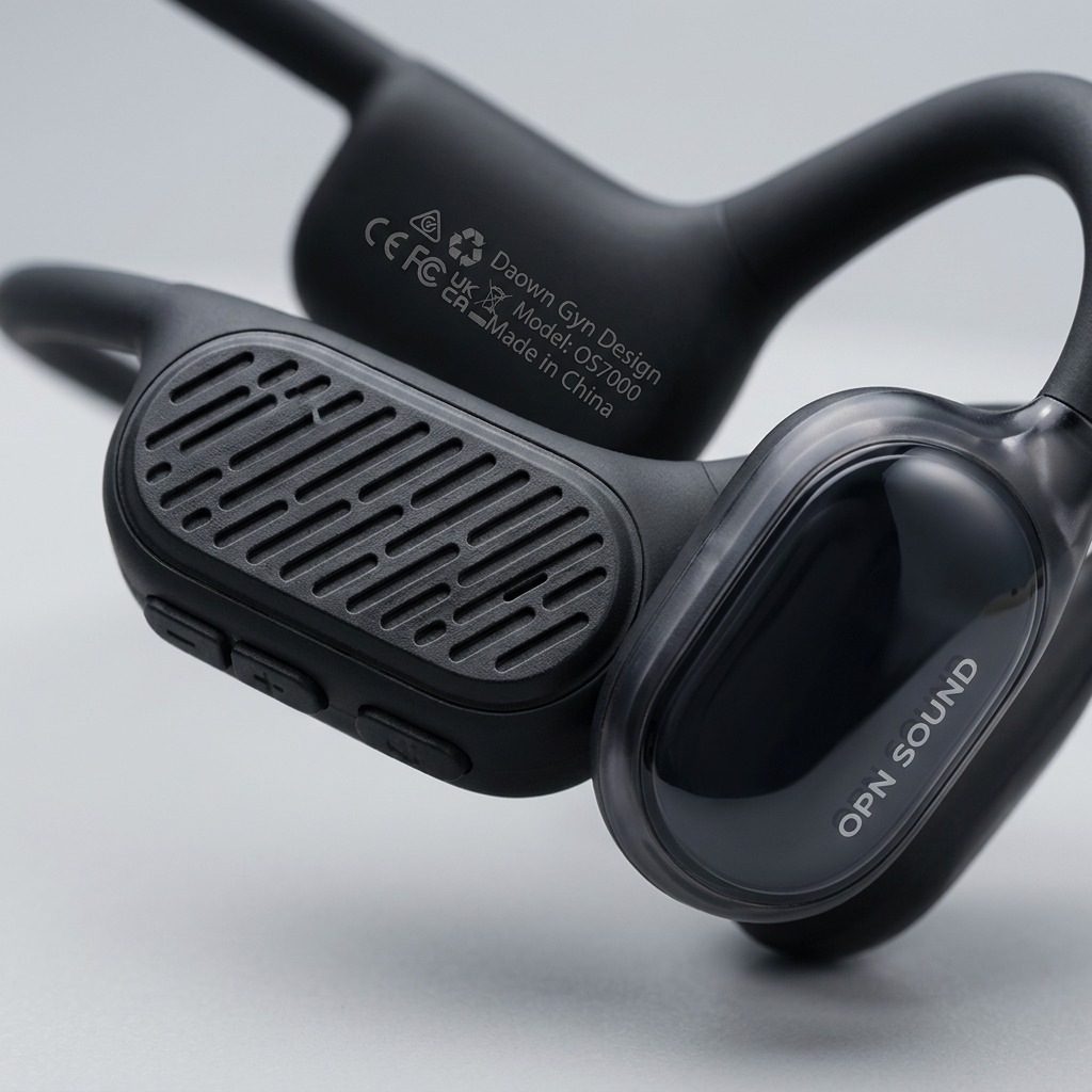 Close-up view highlighting the textures, controls, and OPN SOUND logo on the bone conduction headphone.