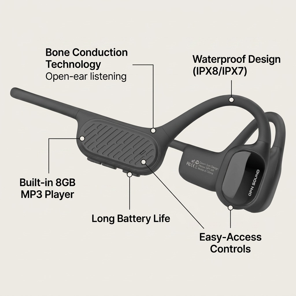 Opn Sound Swym+ bone conduction headset feature callouts: Waterproof, 8GB MP3, Open-ear tech, Battery life.