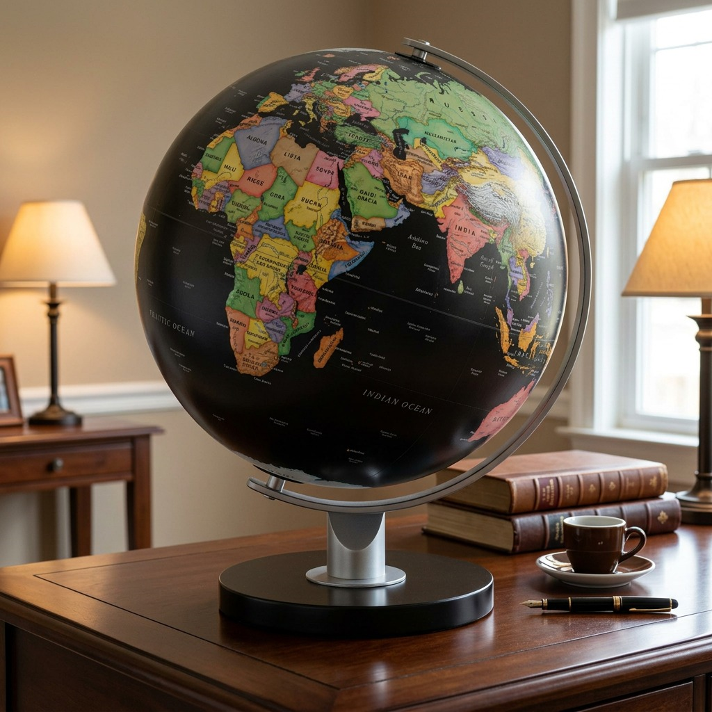 - Lifestyle photo of the Replogle Monaco black-ocean globe on an executive office desk, with leather books and an espresso mug, in cool-toned, natural window light.