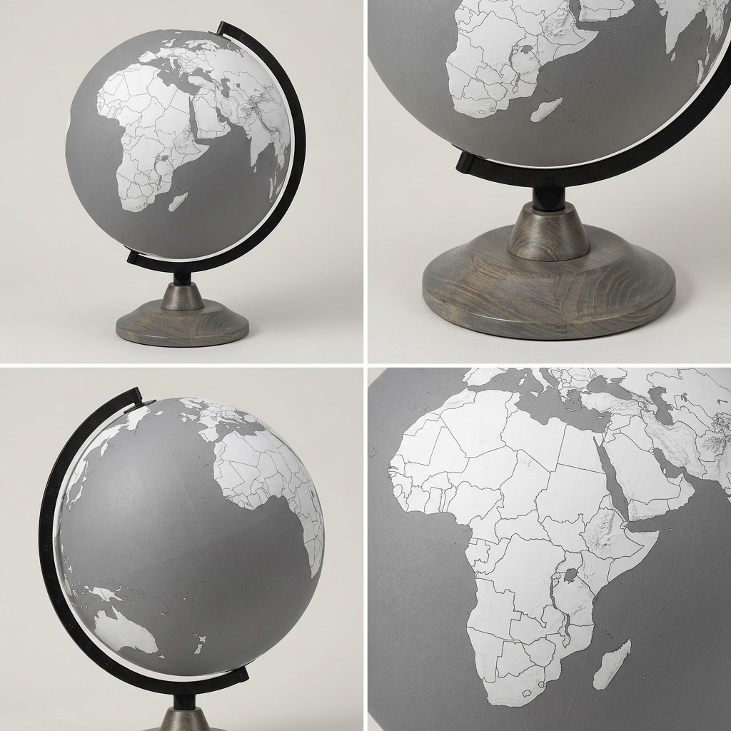 A multi-angle e-commerce matrix showcasing the Lincoln Gray Replogle Globe on its grey wood base.