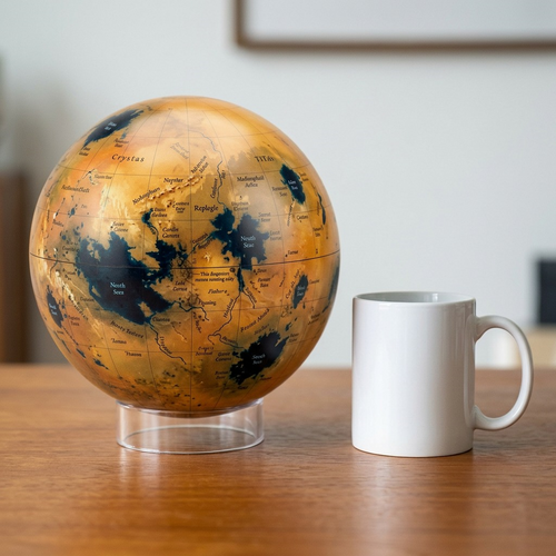 Replogle Titan globe (85408) beside a standard white coffee cup on a wooden desk.