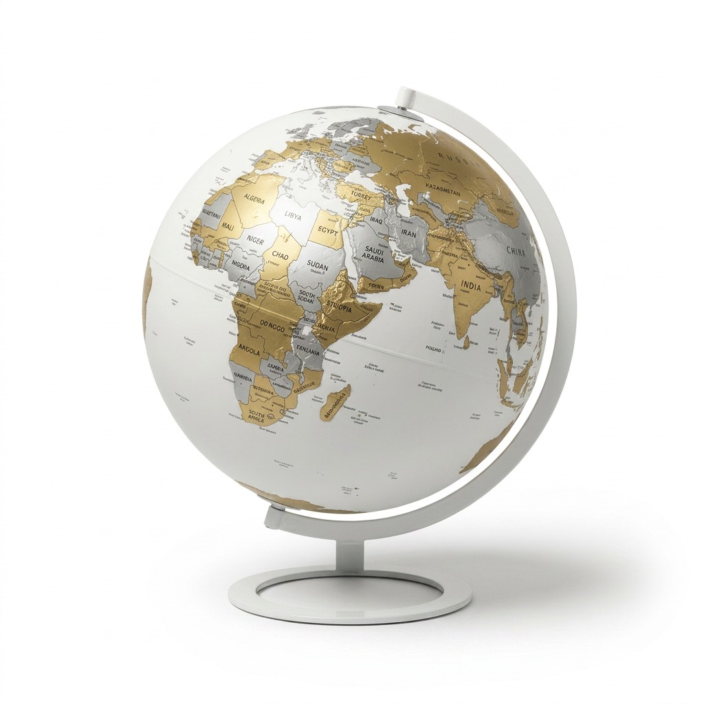 A high-resolution, centered photograph of the Replogle Pensacola white and gold world globe on a white stand, against a pure white background.
